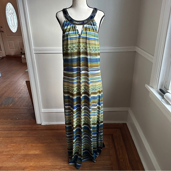 Mlle Gabriel Maxi Dress Bead Embellished Keyhole Neckline Flowy Stripe Print - Picture 1 of 17